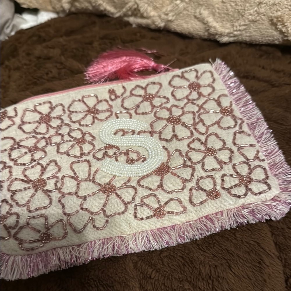 Pink Floral Embroidered linen bag